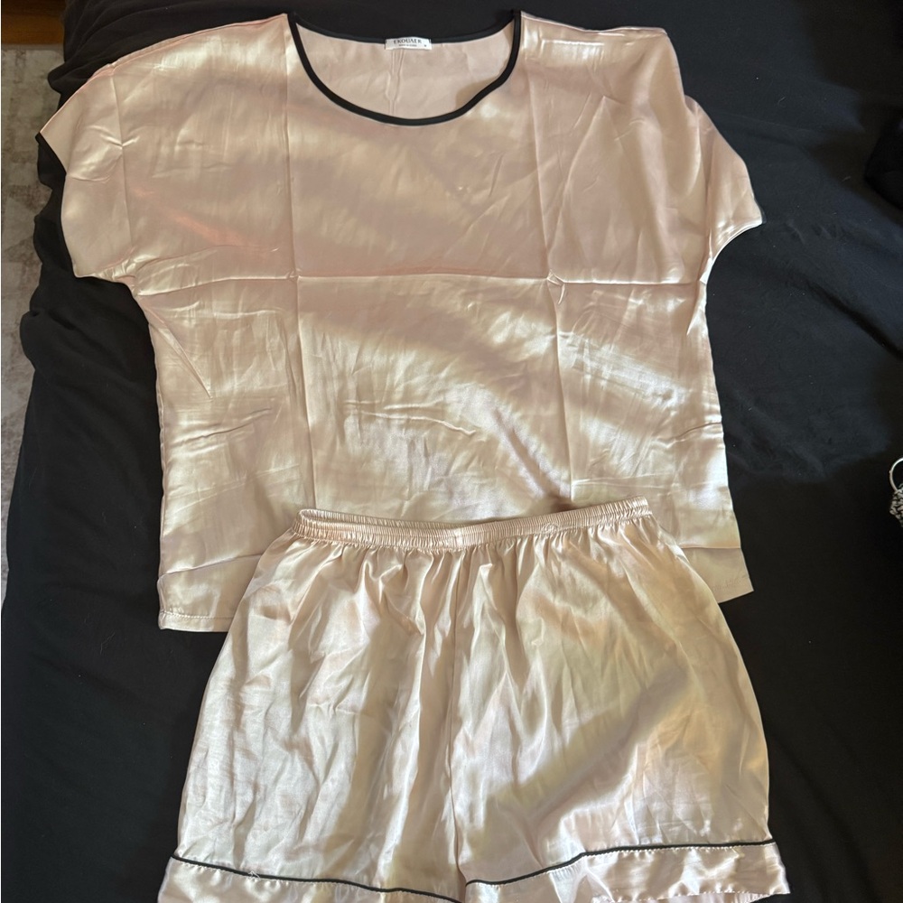 Silk Sleepwear Set in Pink with Black Trim